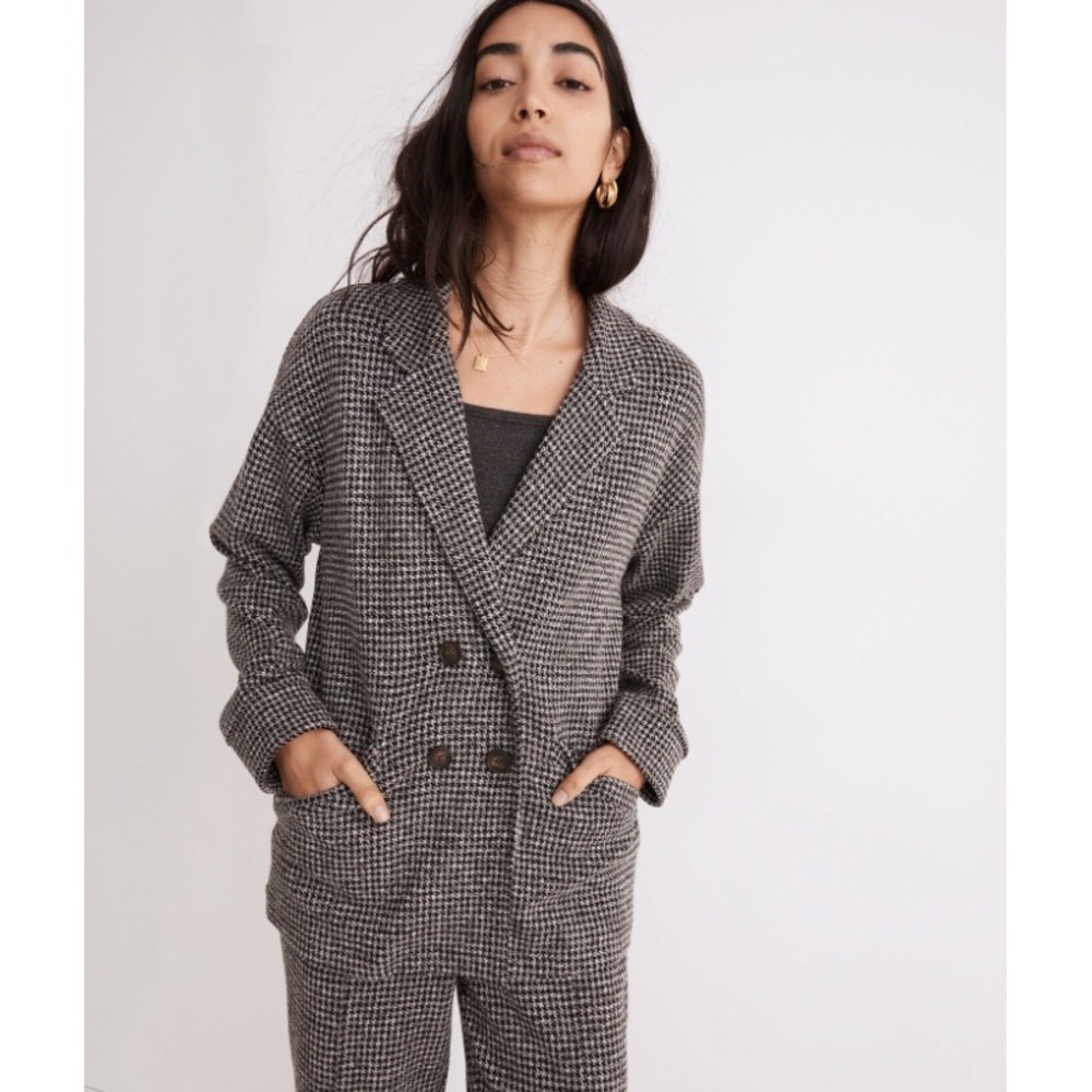 Madewell Brushed Knit Redford Blazer in Black Houndstooth Check Relaxed Office S